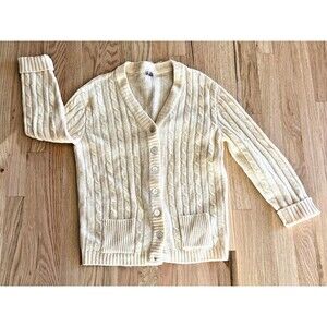 Vtg 70s Evan-Picone beige wool cardigan‎ retro sweater cable knit small pockets
